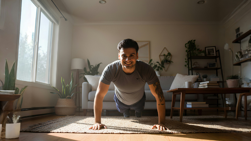 best full body workout at home without equipment showing push ups squats plank and lunges for beginners fitness routine